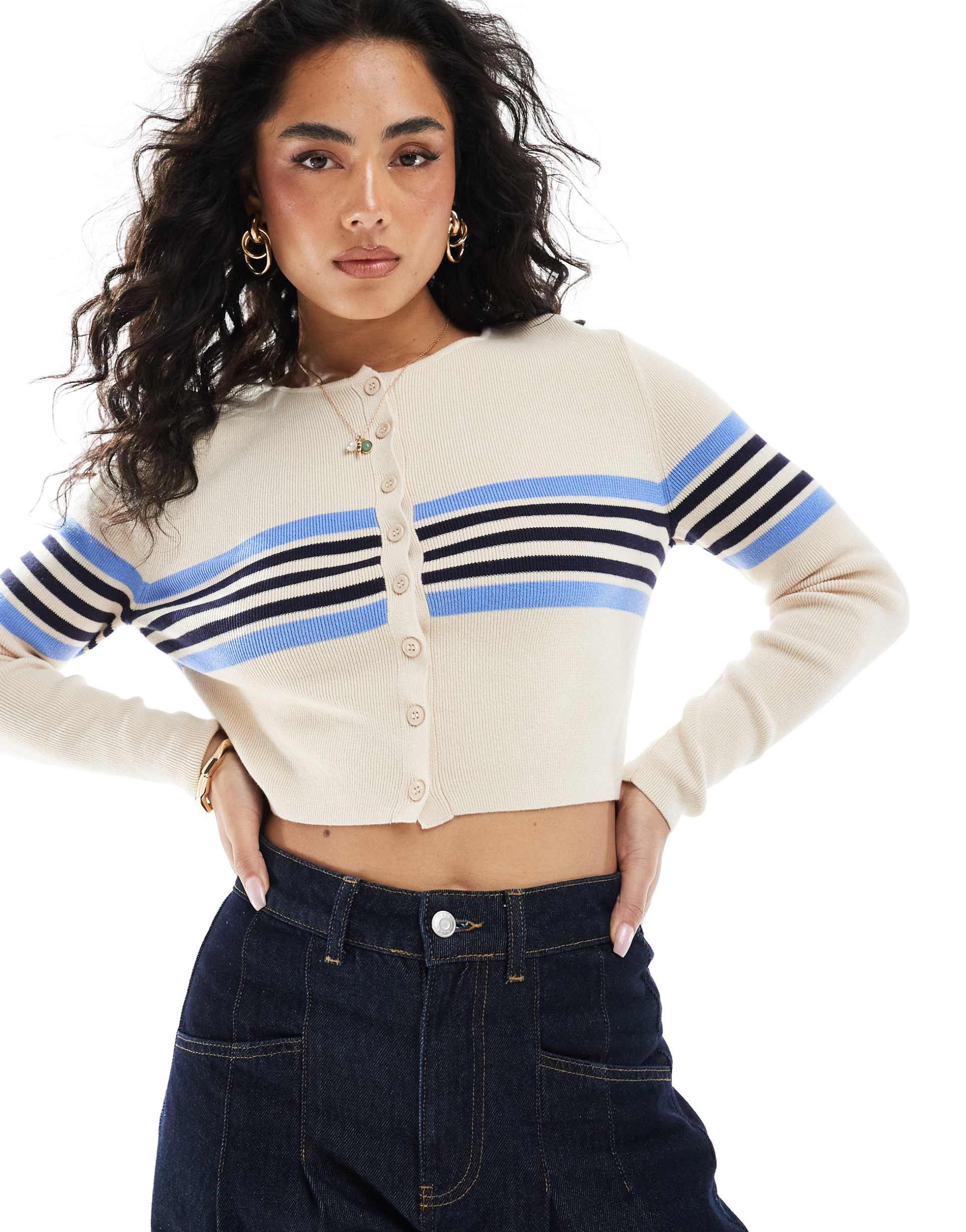 monki cropped cardigan in beige with blue stripe
