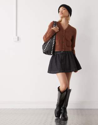 Monki Cropped Cardigan With Front Pockets In Brown