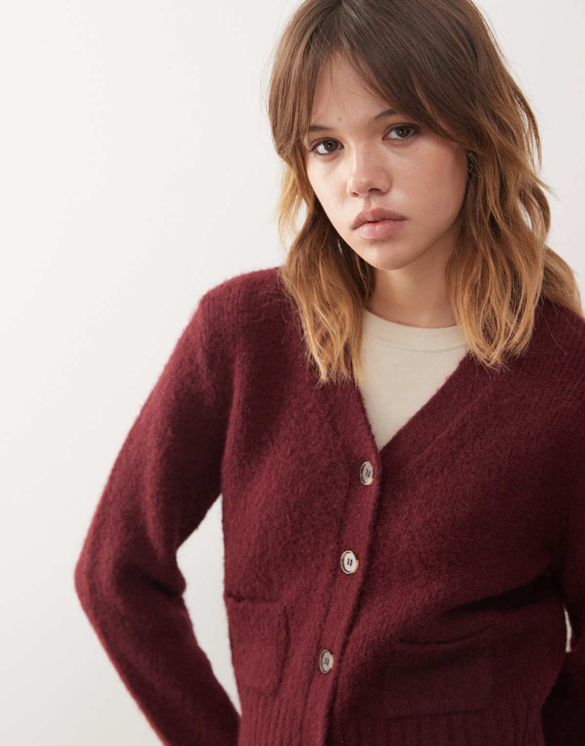 Monki cropped cardigan with front pockets in burgundy