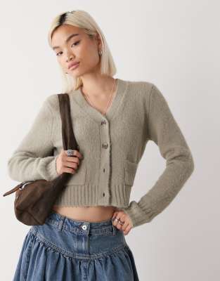 Monki Cropped Cardigan With Front Pockets In Gray