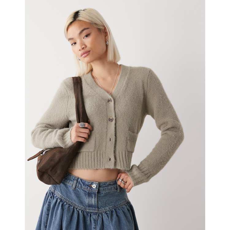 Monki cropped cardigan with front pockets in khaki green | ASOS