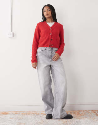 Monki Cropped Cardigan With Front Pockets In Red