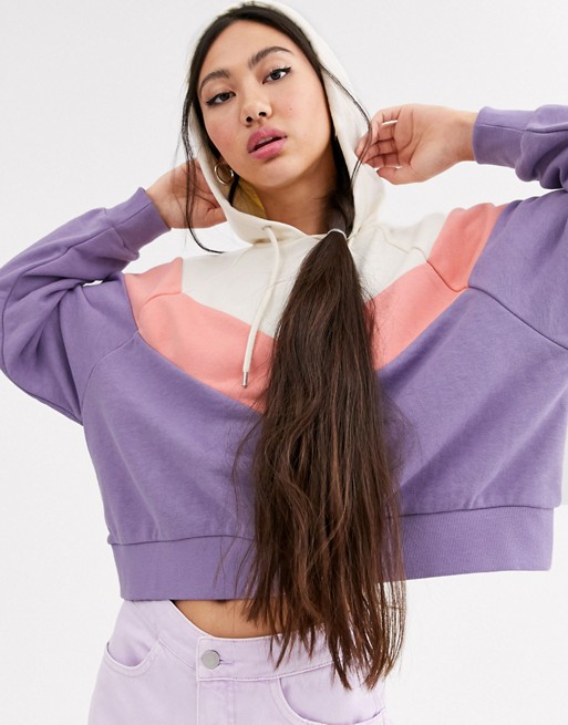 Monki cropped colour block hoodie in cream and purple