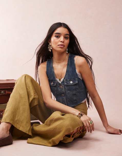 Monki - Cropped denim gilet in middenblauwe wassing - view 1