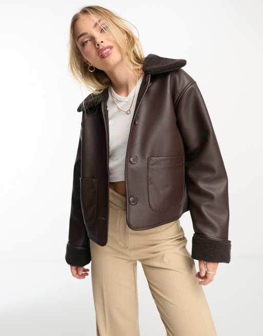 SC&CO Cropped Biker Jacket Brown Faux Leather Womens UK 10