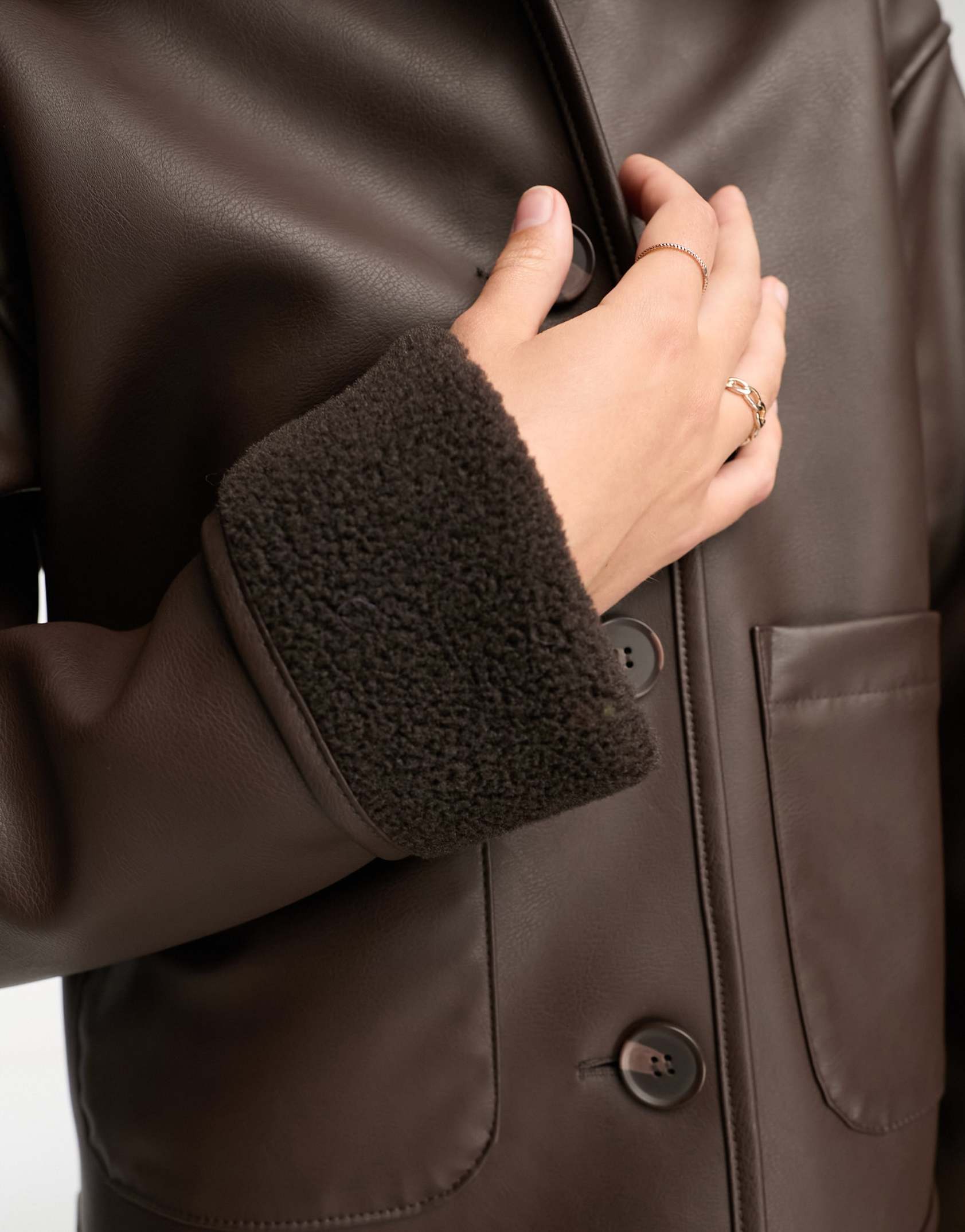 Monki cropped faux leather and shearling jacket in brown ASOS Price Checker