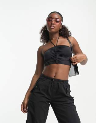 Monki Cropped Halter Neck Top In Black