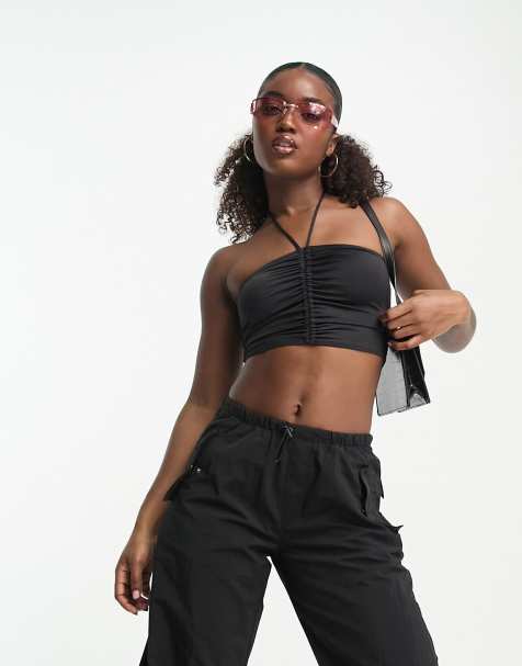 Monki cropped halter neck top in black