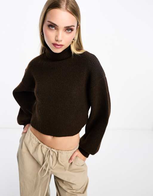 Monki cropped high neck jumper in brown | ASOS