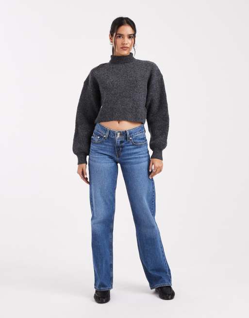 Monki cropped high neck jumper in dark grey melange, 3 of 4