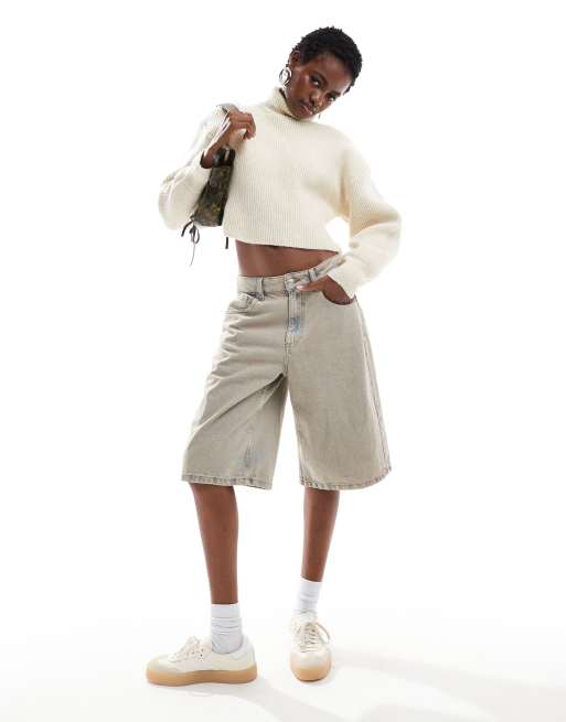 Monki cropped high neck sweater in light beige melange | ASOS