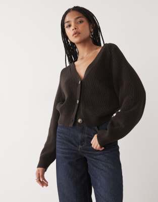 Monki Cropped Knit Cardigan In Brown