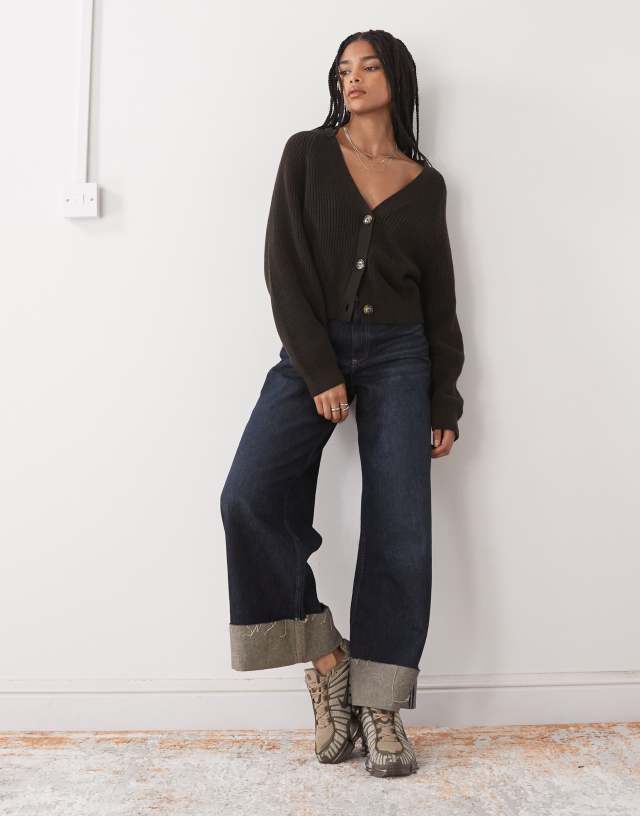 Monki cropped knit cardigan in chocolate brown | ASOS