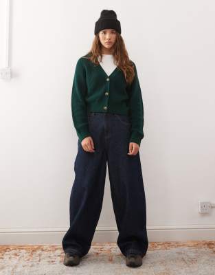 Monki Cropped Knit Cardigan In Green