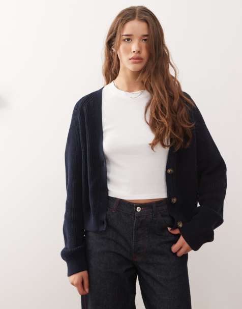 Monki cropped knit cardigan in navy - view 1
