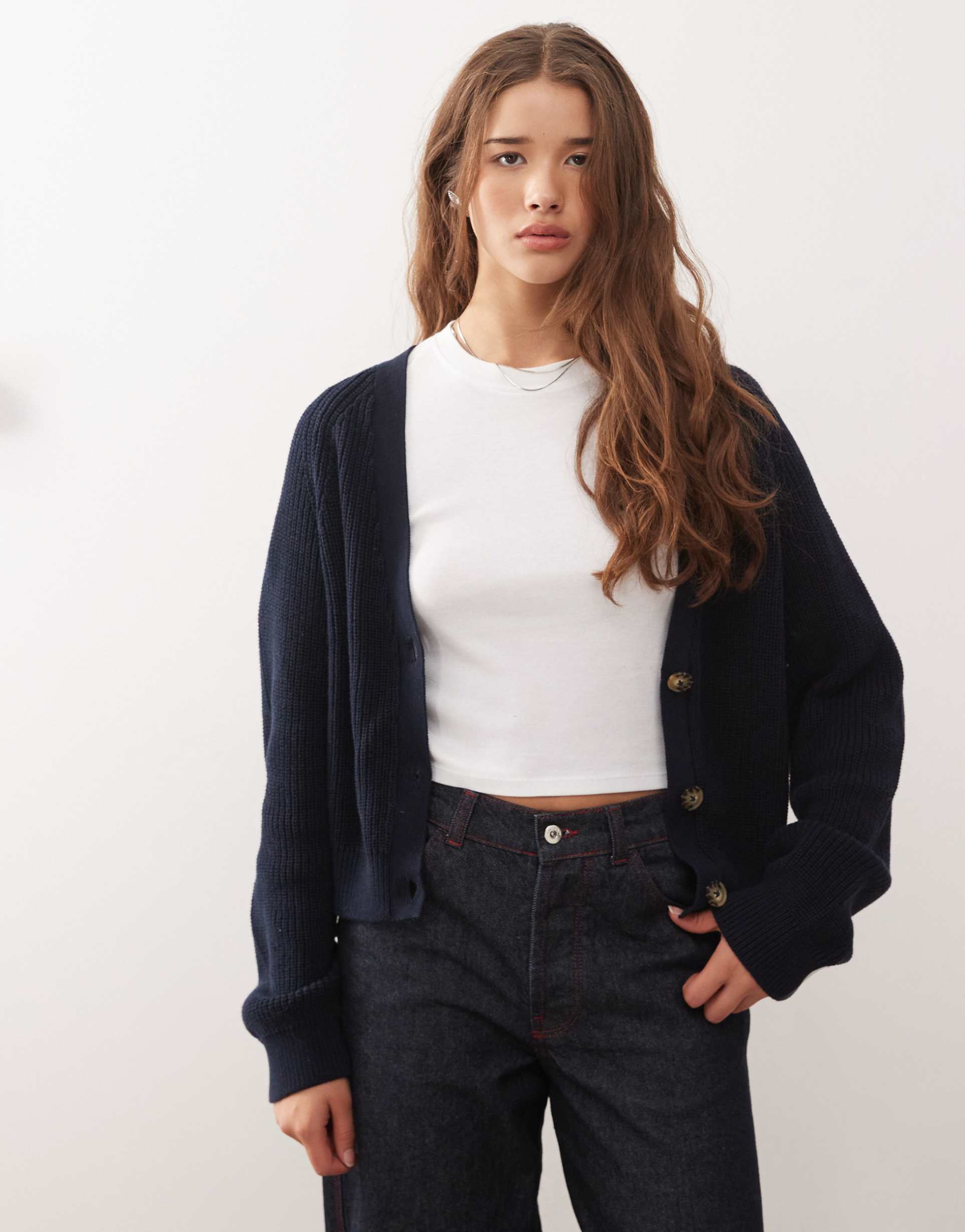 monki cropped knit cardigan in navy