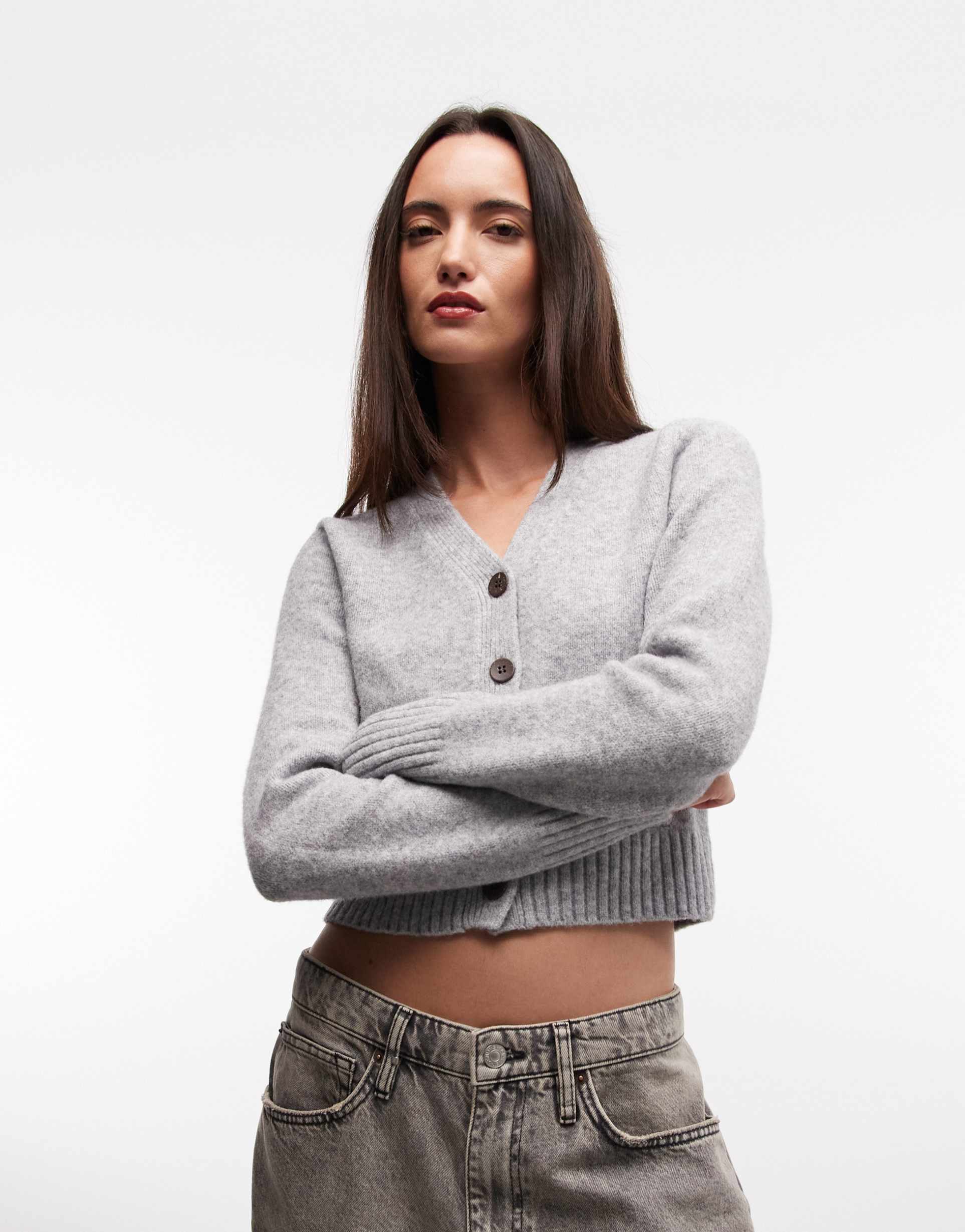 monki cropped knit cardigan with pockets in heather gray