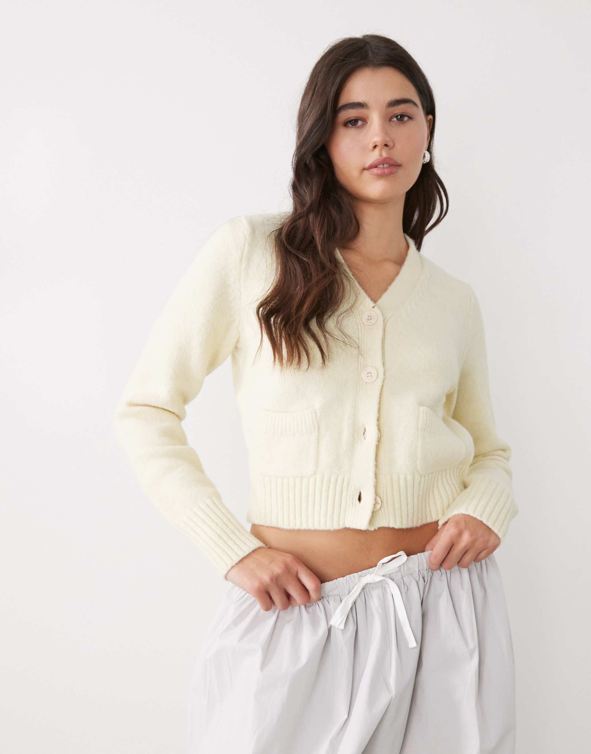 monki cropped knit cardigan with pockets in lemon