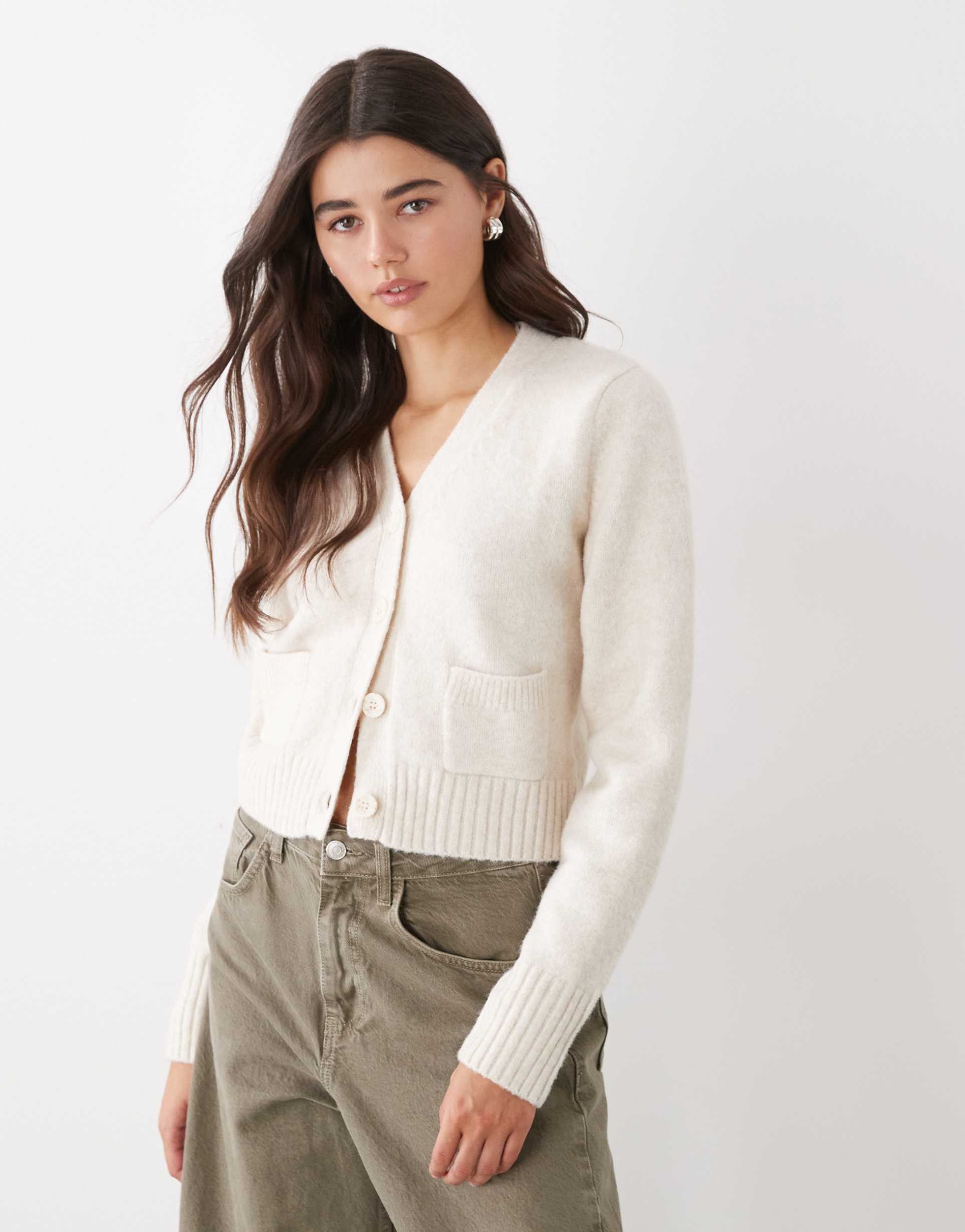 monki cropped knit cardigan with pockets in white