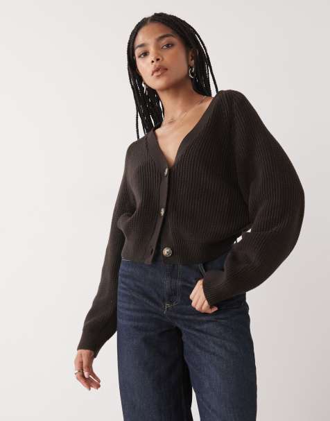 Monki cropped knitted cardigan in chocolate brown - view 1