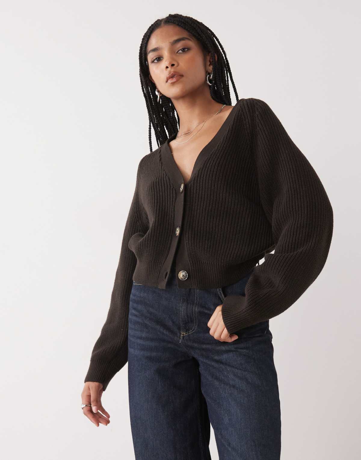 Monki cropped knitted cardigan in chocolate brown