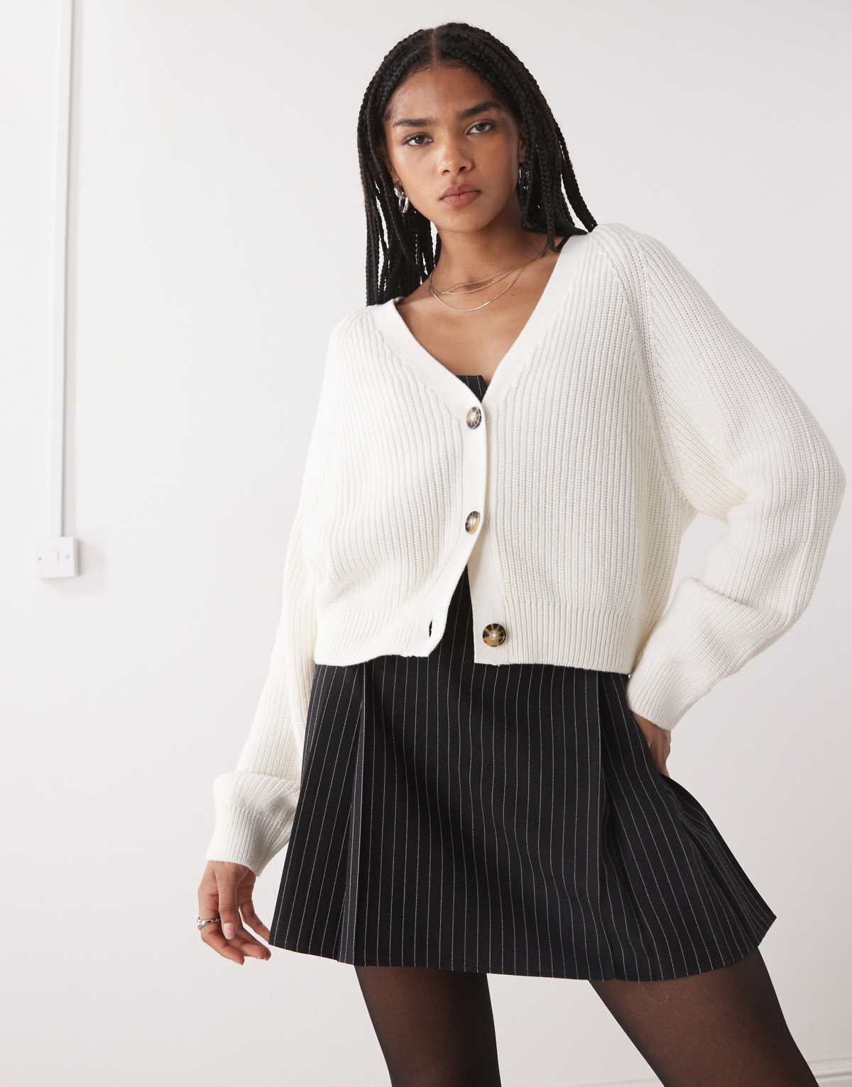 Monki cropped knitted cardigan in ecru
