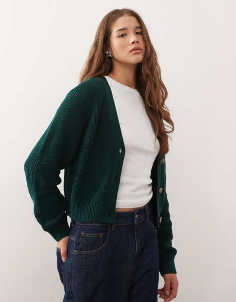 Monki cropped knitted cardigan in forest green - view 1