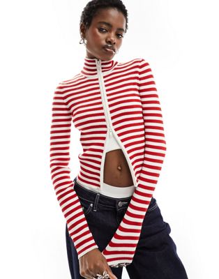 Monki cropped knitted cardigan with front zip in red and beige  stripes