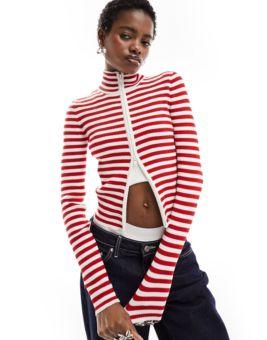 Monki cropped knitted cardigan with front zip in red and beige stripes-Multi