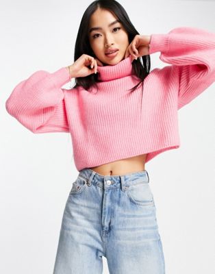 Monki cropped knitted high neck jumper in bright pink