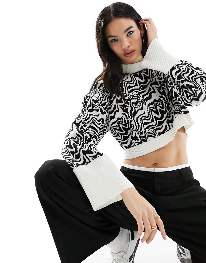 Monki cropped knitted jumper in black and white swirl-Multi