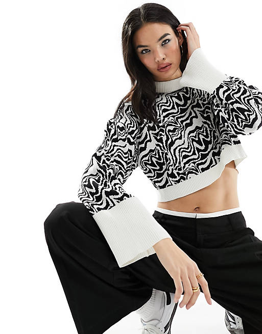 Monki cropped knitted jumper in black and white swirl | ASOS