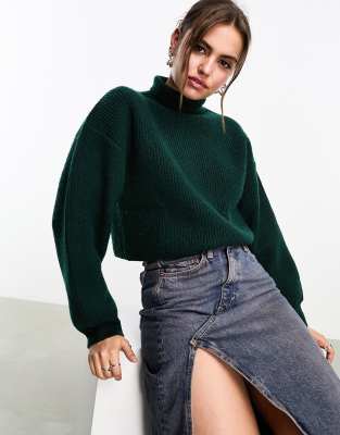 Monki Cropped Knitted Sweater In Forest Green