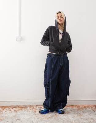 Monki Cropped Oversized Zip Up Hoodie In Black