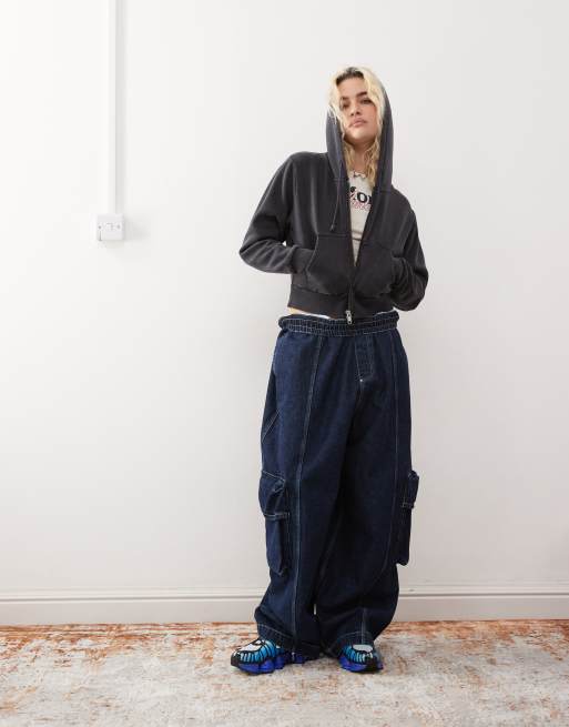 Monki cropped oversized zip up hoodie in washed black