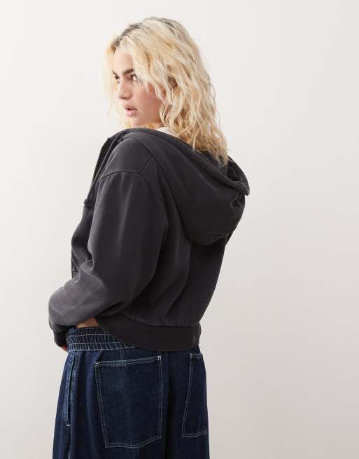 Monki cropped oversized zip up hoodie in washed black