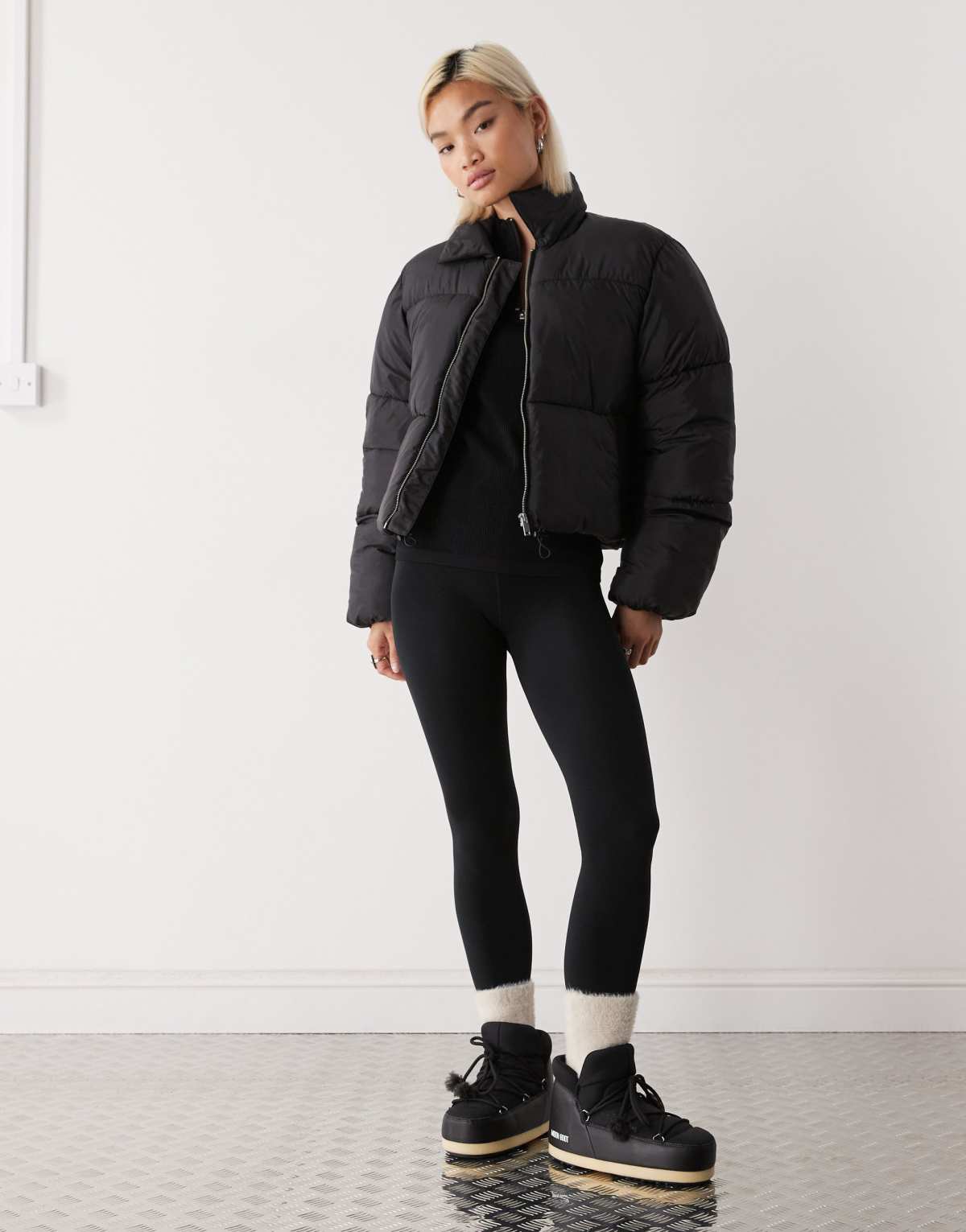 Monki cropped puffer jacket with collar detail in black