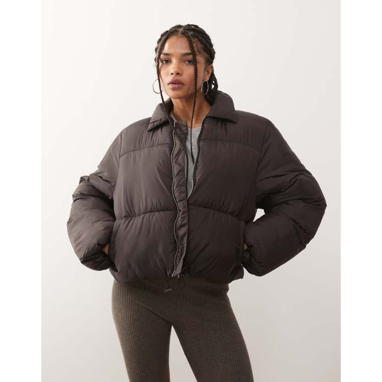 Monki cropped puffer jacket with collar detailing in brown | ASOS