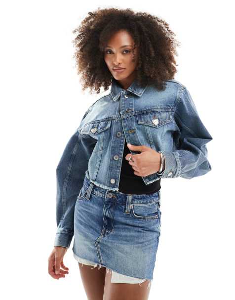 Monki cropped raw hem denim jacket in mid blue wash - view 1