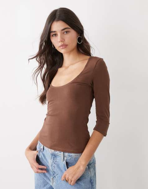 Monki cropped sleeves top in chocolate brown - view 1