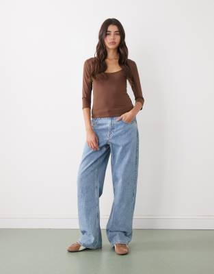 Monki Fitted Three-quarter Sleeve Top In Brown