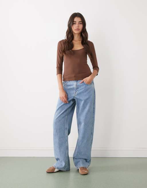 Monki cropped sleeves top in chocolate brown, 2 of 4