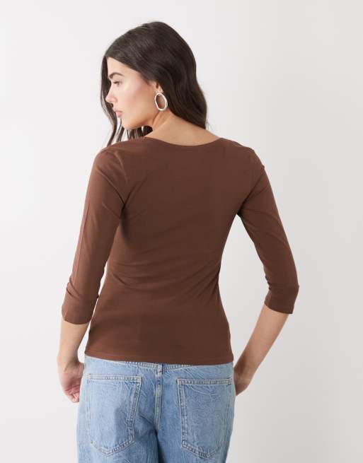 Monki cropped sleeves top in chocolate brown, 3 of 4