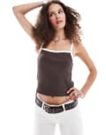 [Monki] Monki cropped slim fit strappy singlet top in brown with white contrast binding M Brown