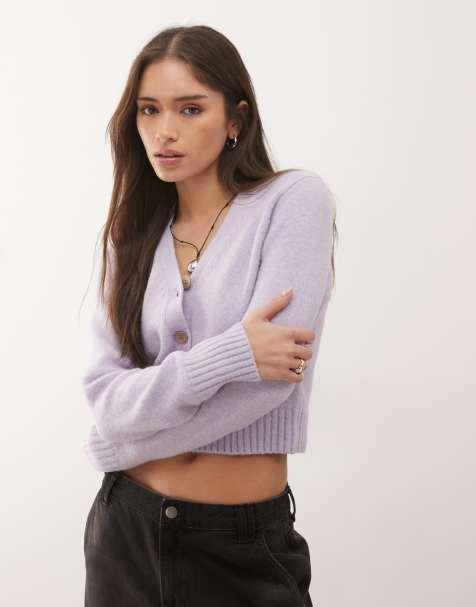 Monki – Cropped-Strickjacke in Flieder mit Taschen - view 1