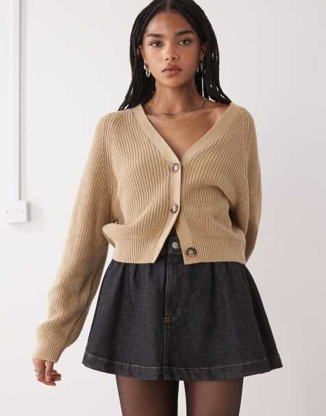 Monki – Cropped-Strickjacke in Haferbeige - view 1
