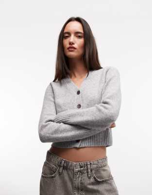 Monki - Cropped-Strickjacke in meliertem Grau mit Taschen