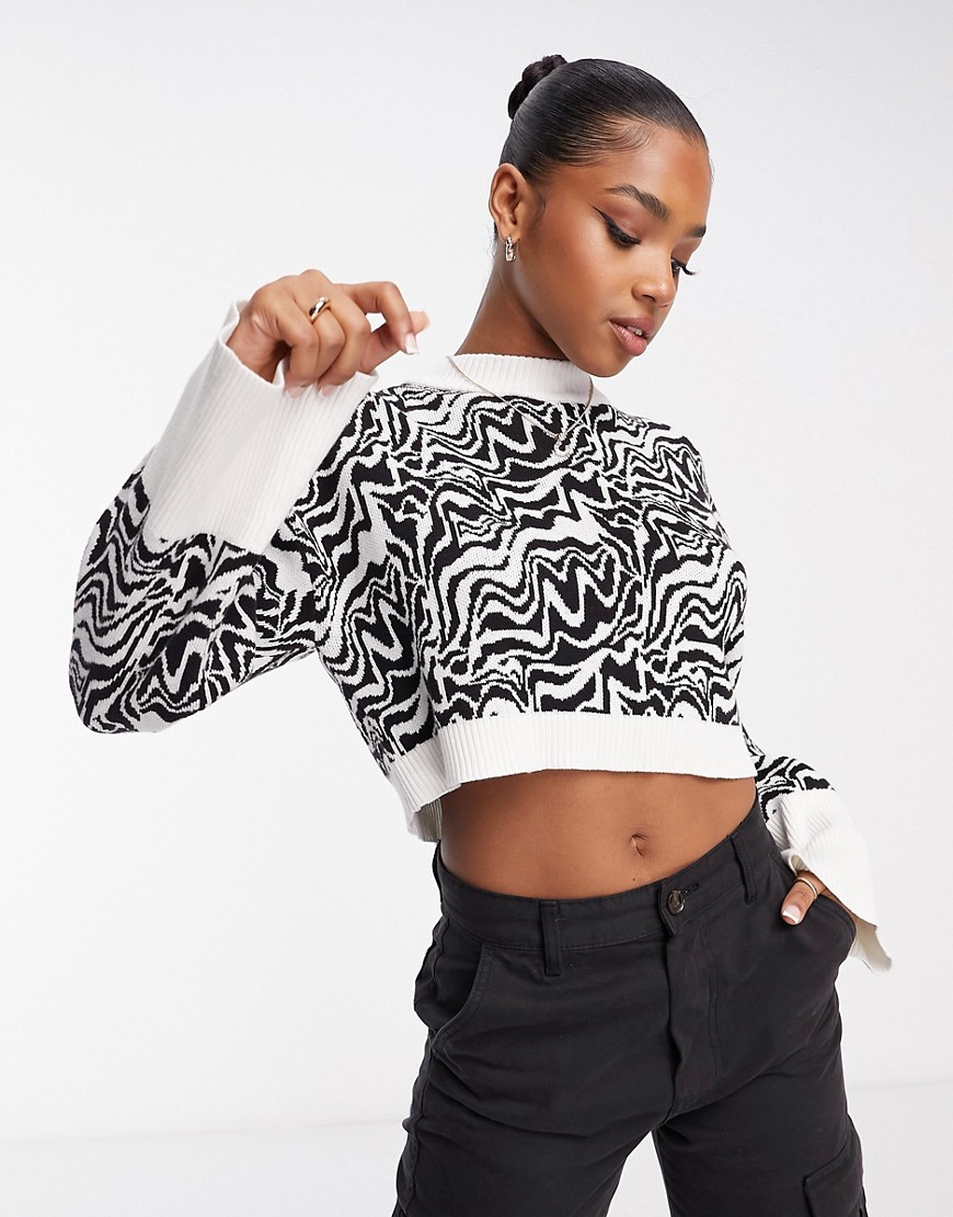 Monki Cropped Sweater In Black And Off White Swirl-multi