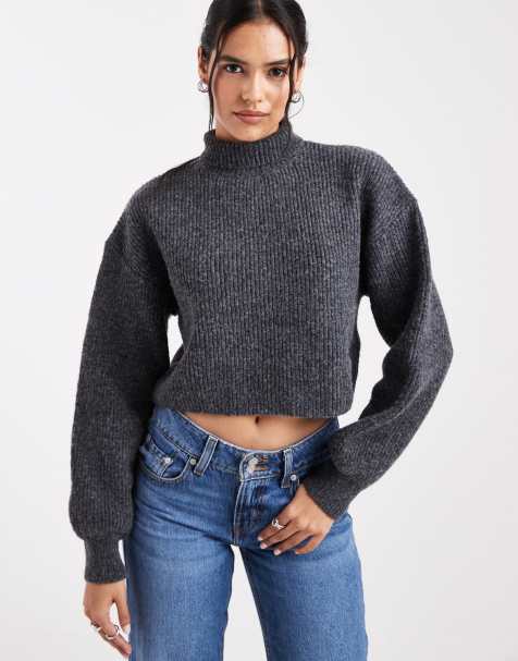 Monki - Cropped trøje med høj hals i meleret mørkegrå - view 1