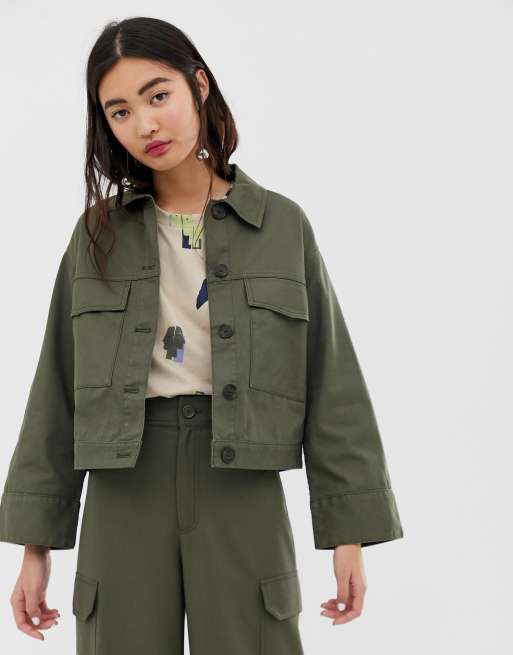 Monki cropped utility jacket in khaki | ASOS